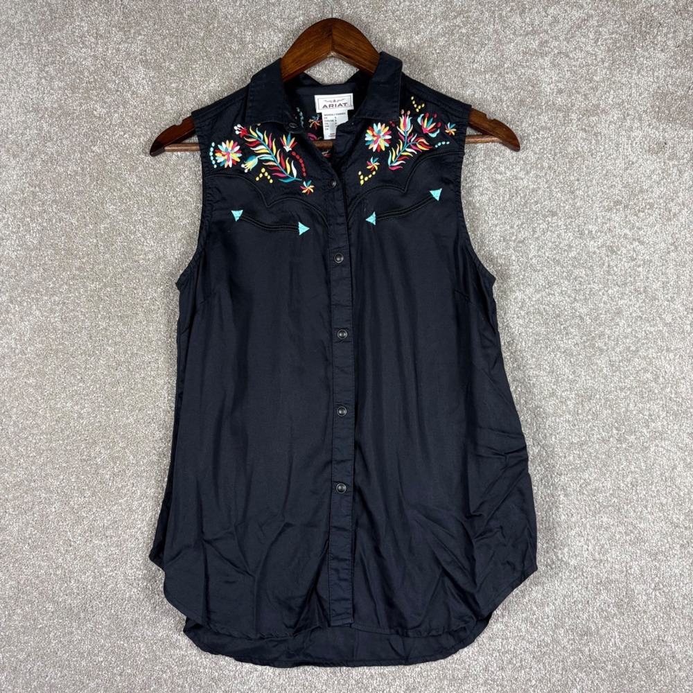 Ariat Womens Black Sleeveless Western Floral Bird Embroidered Snap Shirt Small